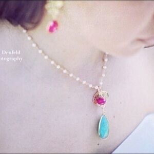 Pearl statement necklace with gold dipped leaf and semi precious stones